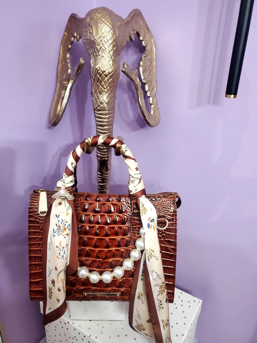 Brahmin Croc-Embossed Brown Satchel with Scarf-Wrapped Handles and Pearl Accent